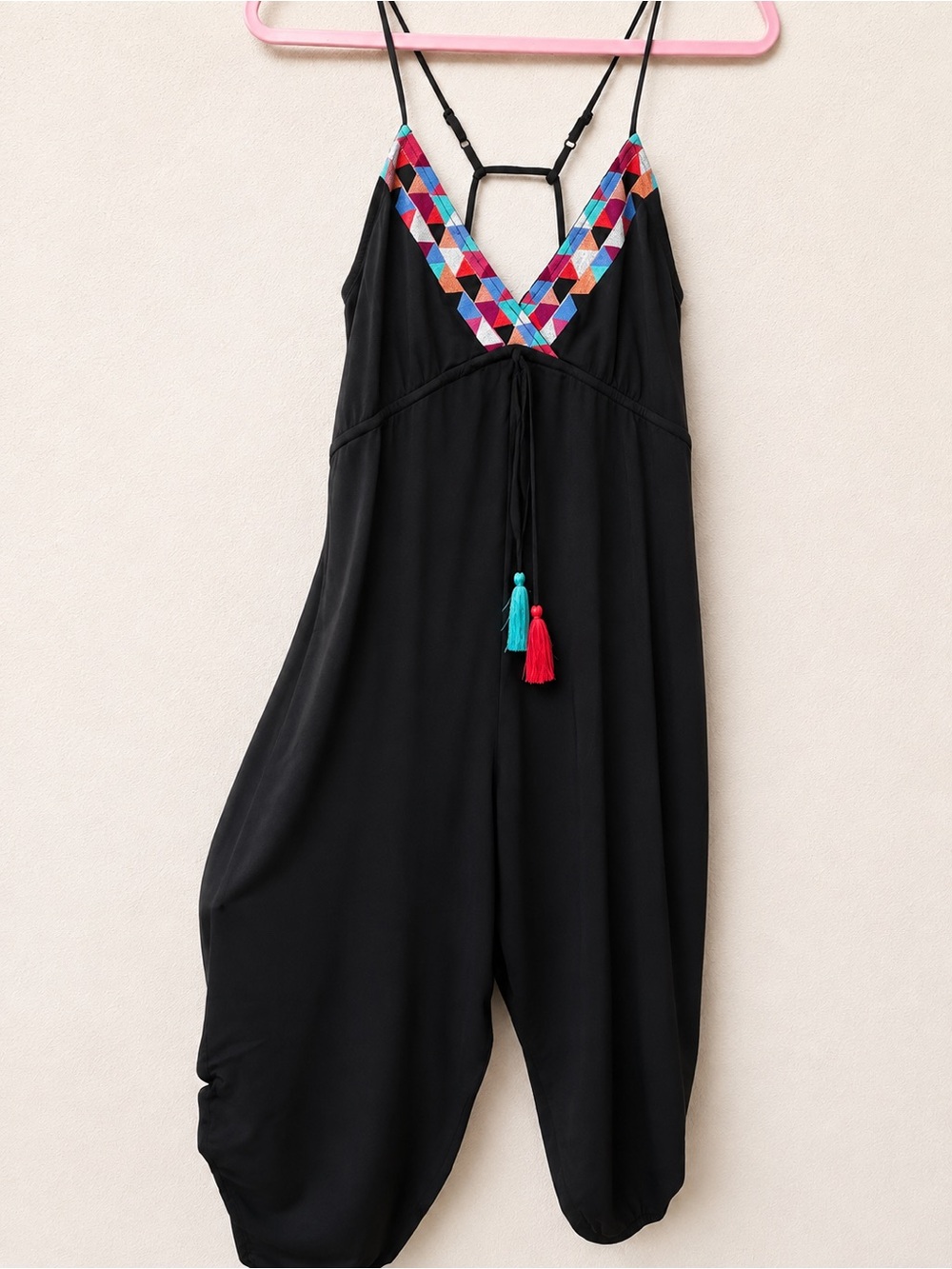 THML Black V-Neck Jumpsuit with Multicolor Embroidered Trim